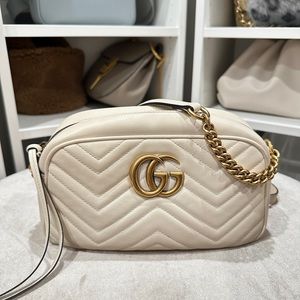 GUCCI Marmont Gold Chain Shoulder Bag - SZ SMALL - MATELASSE LEATHER WHITE